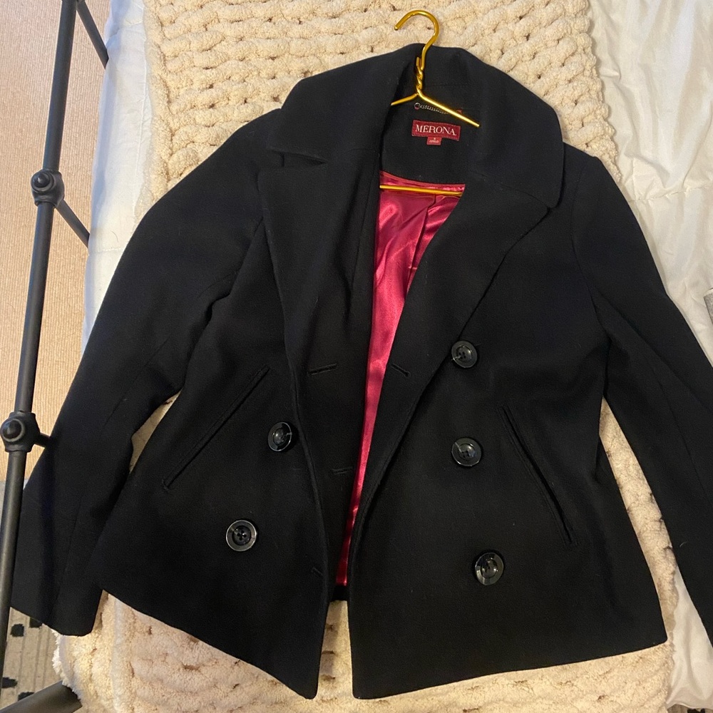 Merona Black Pea Coat with hot pink lining. Size Small